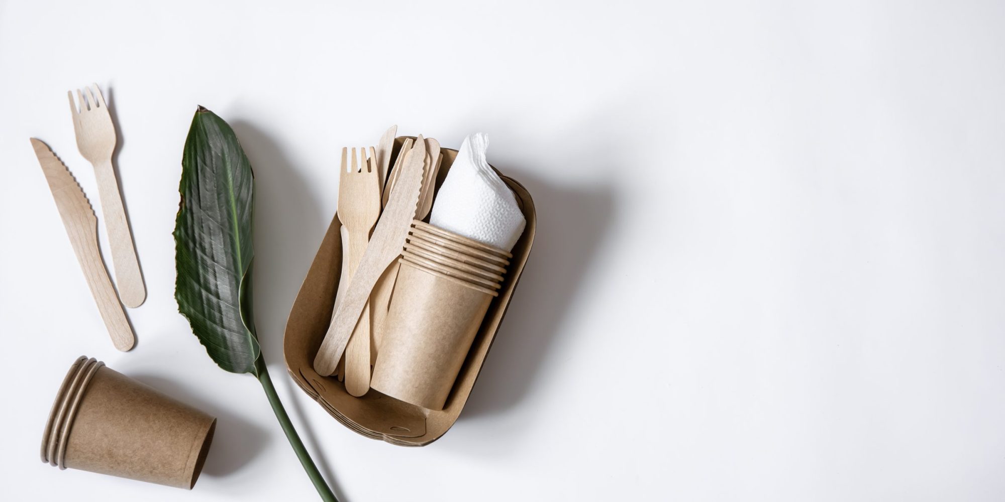 Eco-friendly disposable utensils made of bamboo wood and paper top view. The concept of saving the planet, the rejection of plastic.